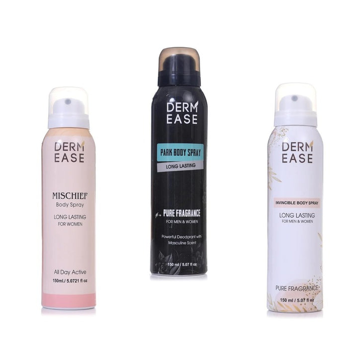 DERM EASE Combo of Park, Invincible & Mischief Body Spray Deodorant for Men and Women Long Lasting Smell Unisex Scent Fragrance 150ml Each